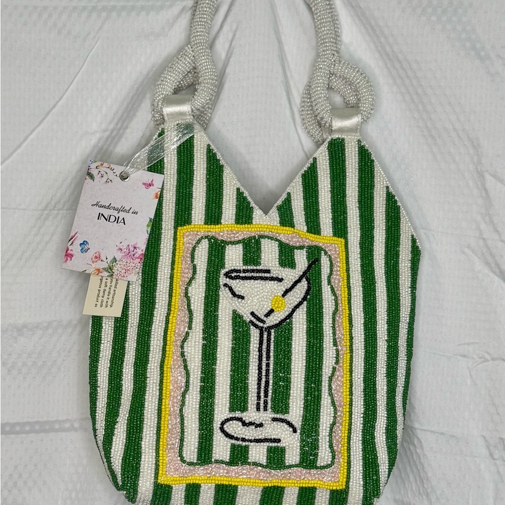 Viral TJ Maxx Marshalls Handcrafted in India Beaded Martini Green Stripe Bag